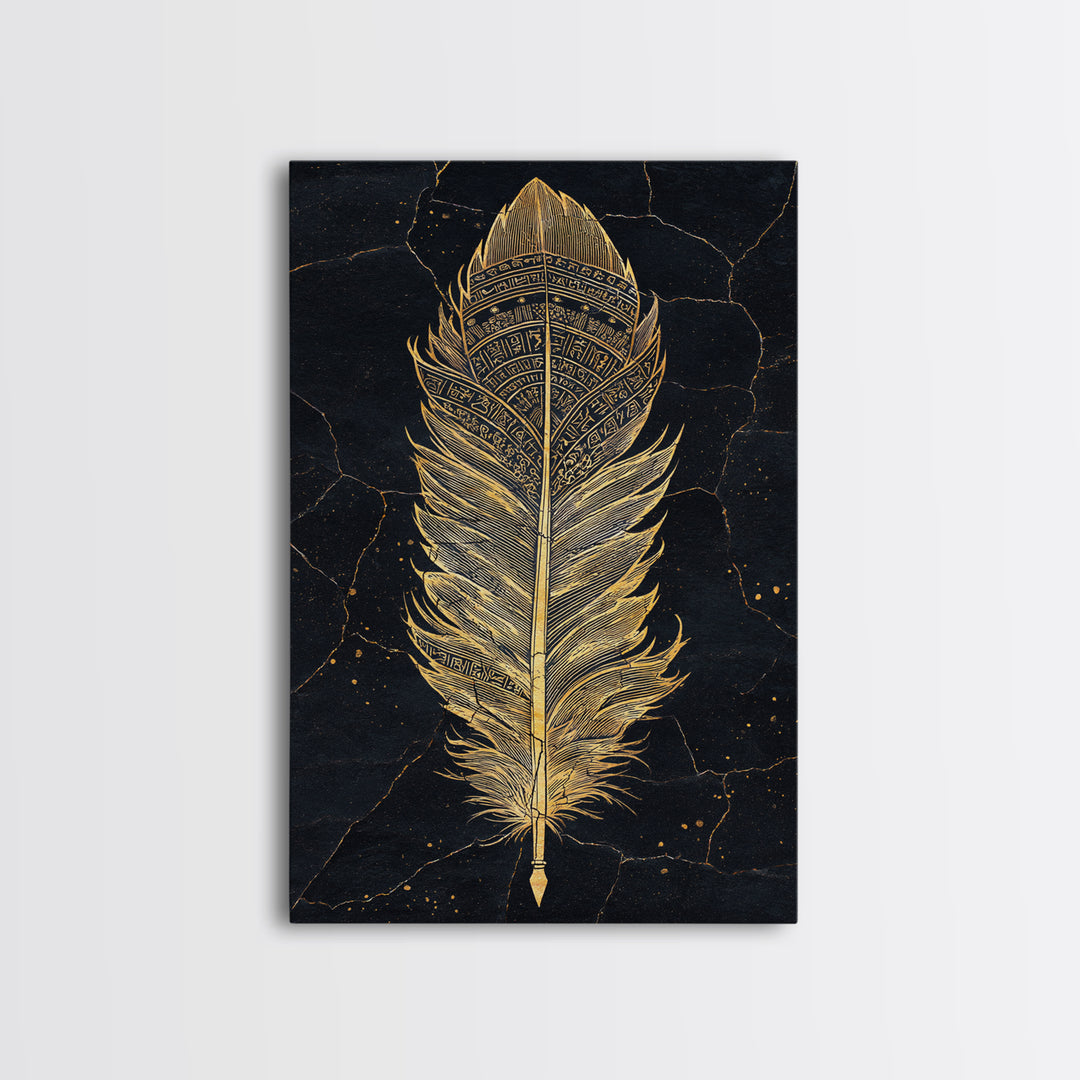 Canvas Gold Art Nordic Feather Canvas Art Wall Decor, Viking Myth Symbol Artwork for Men’s Office or Dad Gift, Real Wood Frame