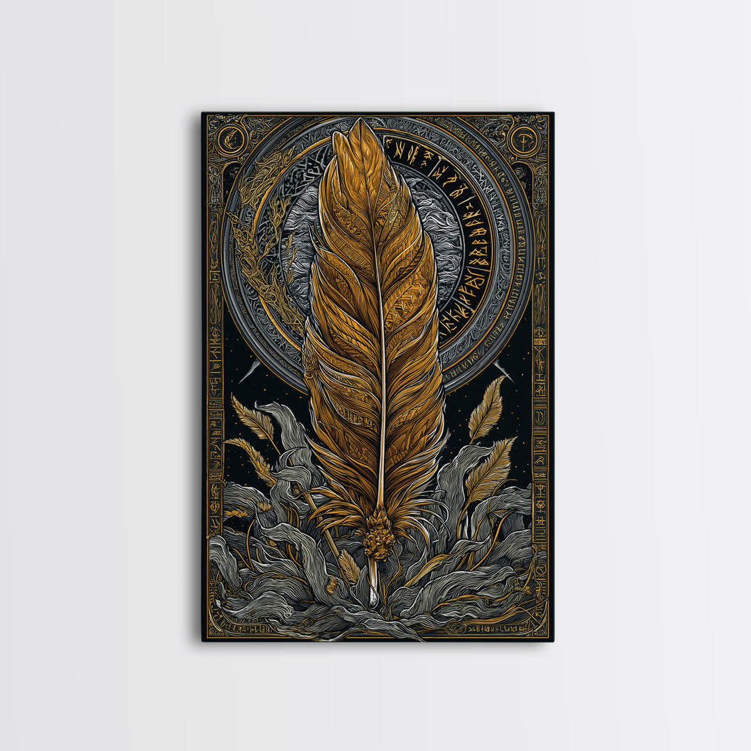 Nordic Mythology Feather Canvas Gold Art Canvas Art Wall Decor, Viking Symbolic Artwork for Man Cave or Office, Natural Wood Frame