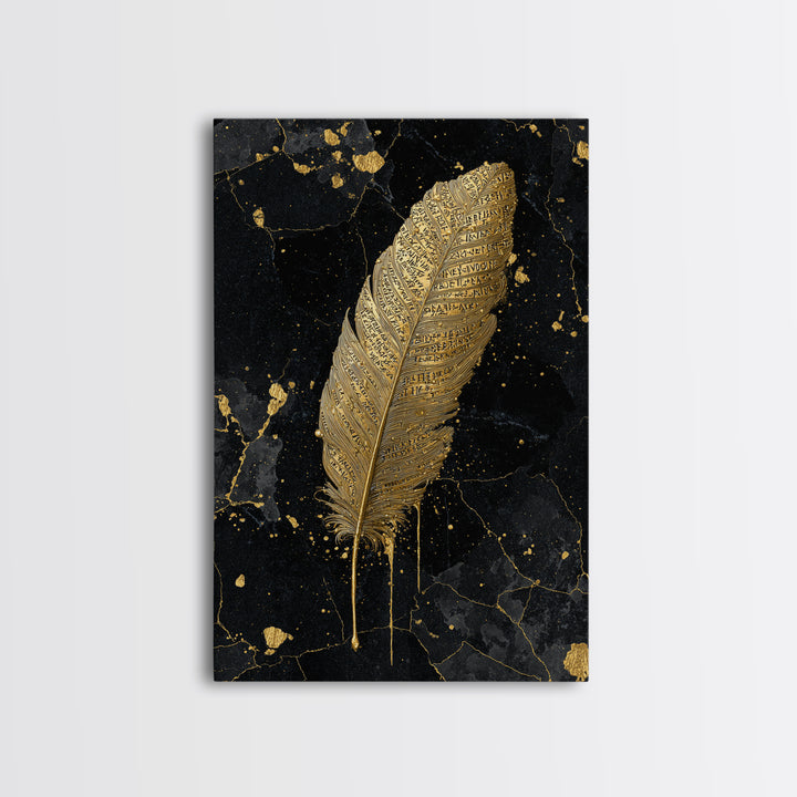 Runic Feather Canvas Gold Art, Nordic Mythology Inspired Canvas Art for Office or Man Cave, Framed in Natural Wood