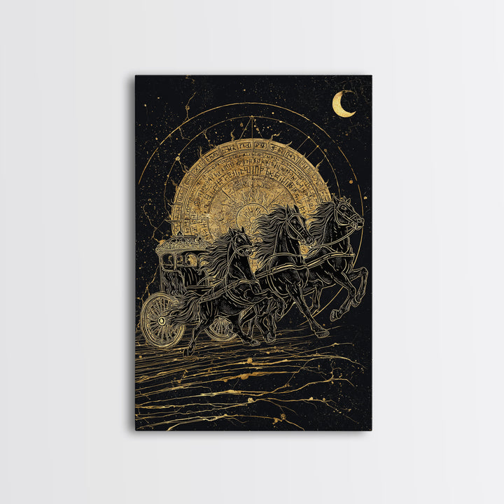 Norse Sun Chariot Canvas Gold Art, Nordic Mythology Horses Canvas Art for Dad Gift or Office Decor, with Real Wood Frame