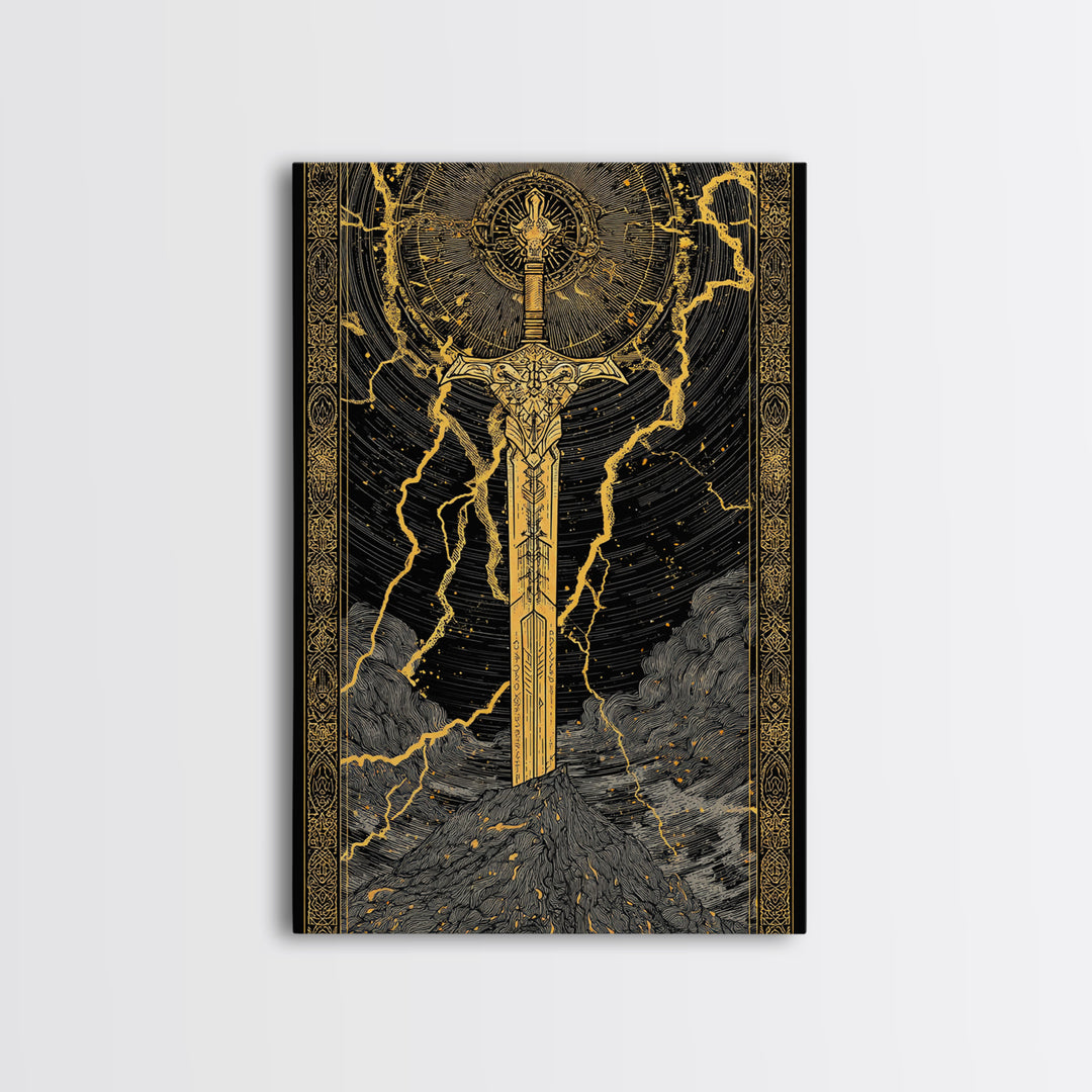 Thor’s Sword Canvas Gold Art, Viking Weapon Nordic Mythology Canvas Art for Man Cave or Office Wall, Real Wood Frame Included