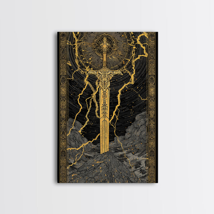 Thor’s Sword Canvas Gold Art, Viking Weapon Nordic Mythology Canvas Art for Man Cave or Office Wall, Real Wood Frame Included