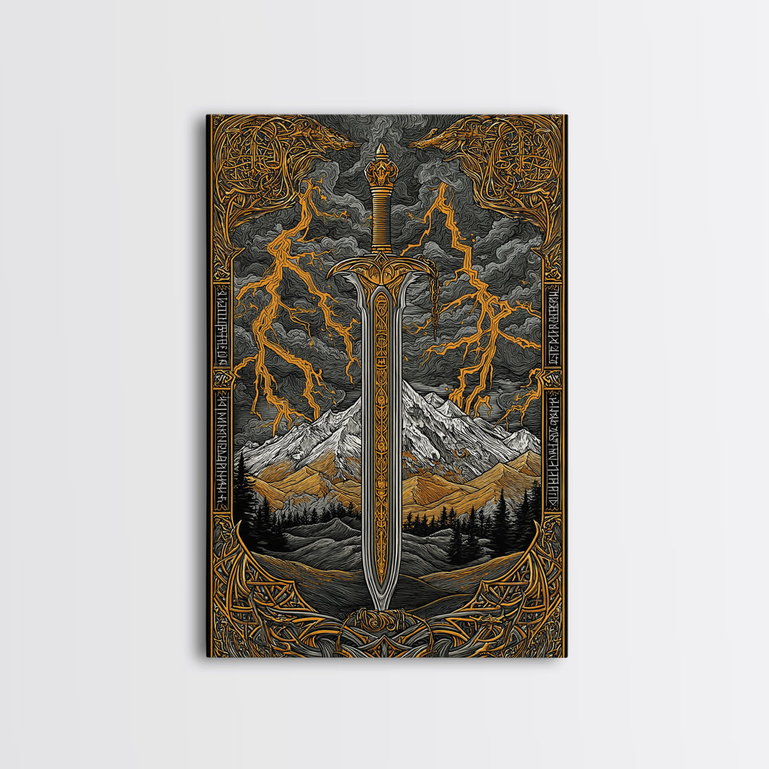 Odin’s Blade Canvas Gold Art, Lightning and Mountain Viking Sword Nordic Canvas Art, Office or Man Cave Decor, Wood Framed