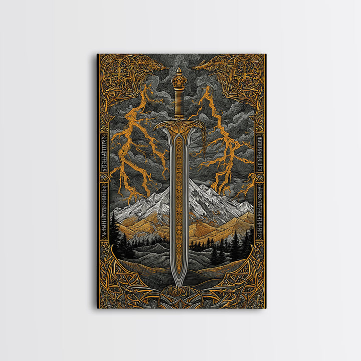 Odin’s Blade Canvas Gold Art, Lightning and Mountain Viking Sword Nordic Canvas Art, Office or Man Cave Decor, Wood Framed