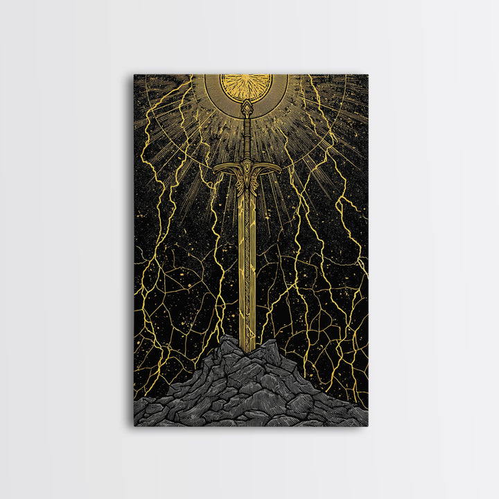 Viking Sword Canvas Gold Art, Norse Mythology Weapon Canvas Art with Lightning, Office Wall or Dad Gift, Framed in Wood