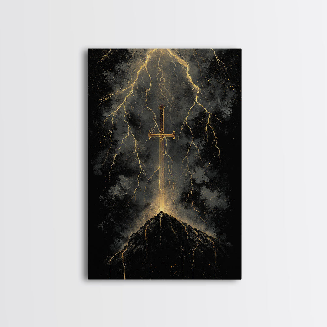 Storm Forged Sword Canvas Gold Art, Nordic Mythology Canvas Art with Lightning Strikes, Man Cave Office Decor, Real Wood Frame