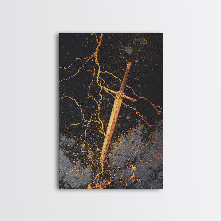 Runed Viking Sword Canvas Gold Art, Nordic Mythology Inspired Canvas Art for Office Wall or Man Cave, Natural Wood Frame