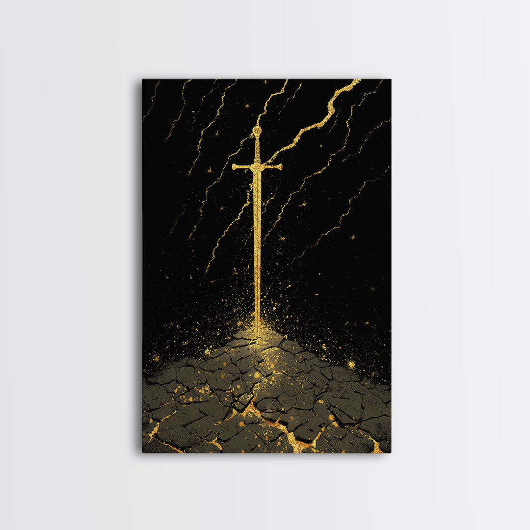 Odin’s Throne Canvas Gold Art, Viking Wolves and Norse Mythology Canvas Art for Man Cave or Office Wall, with Real Wood Frame