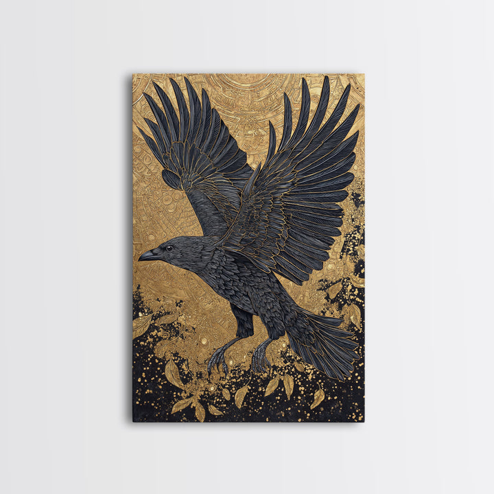 Raven of Odin Canvas Gold Art Canvas Art | Norse Mythology Wall Decor | Viking Symbol Office Art Dad Gift | Natural Wood Frame