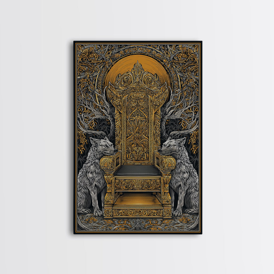 Yggdrasil Throne Canvas Gold Art, Norse Mythology Viking Chair Canvas Art, Office or Man Cave Wall Decor, Real Wood Frame Included
