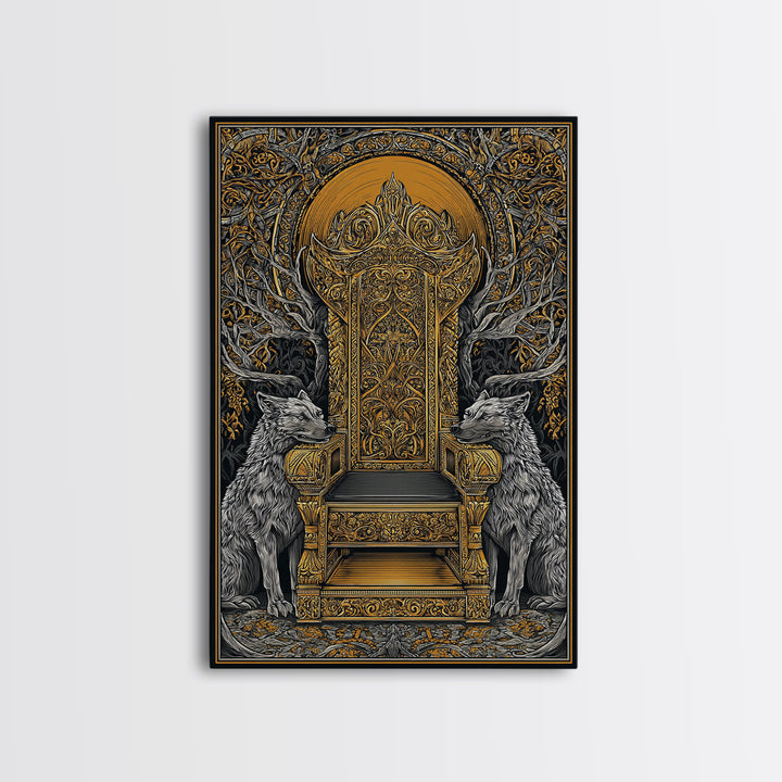 Yggdrasil Throne Canvas Gold Art, Norse Mythology Viking Chair Canvas Art, Office or Man Cave Wall Decor, Real Wood Frame Included