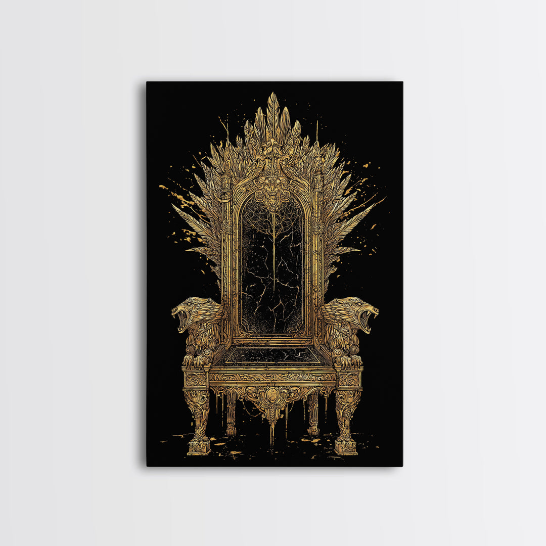 Norse Throne Canvas Gold Art, Viking Canvas Art for Office or Man Cave, Nordic Mythology Wall Decor framed in natural wood