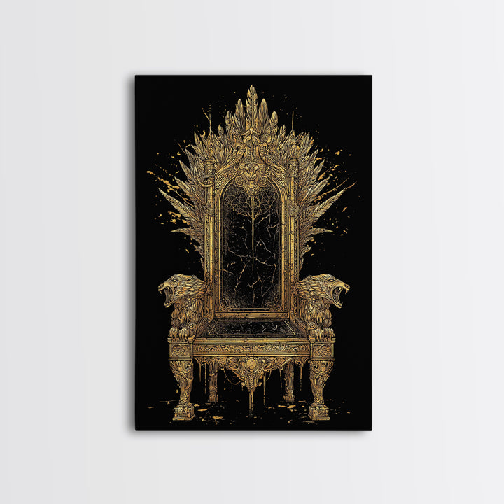Norse Throne Canvas Gold Art, Viking Canvas Art for Office or Man Cave, Nordic Mythology Wall Decor framed in natural wood