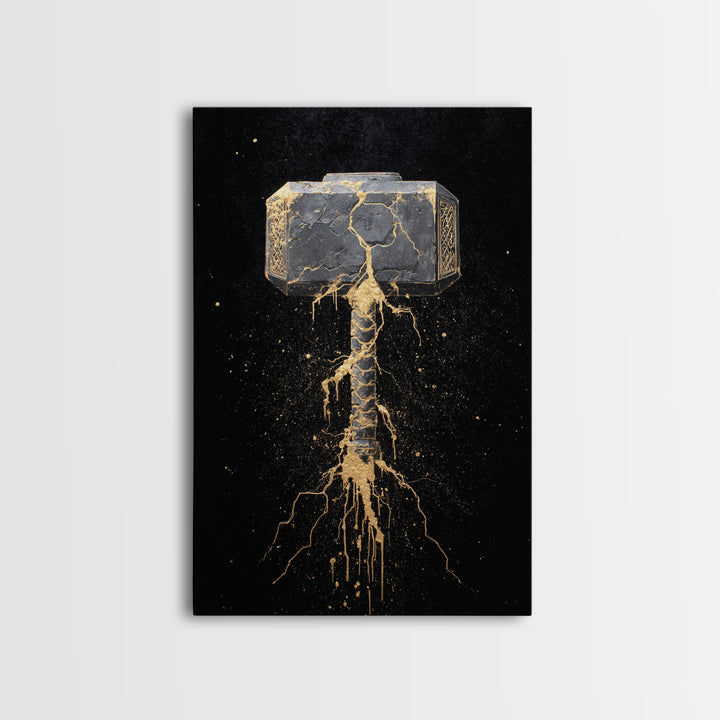 Thor’s Hammer Mjolnir Canvas Gold Art, Norse Canvas Art Wall Decor for Man Cave or Office, Viking Gift framed with real wood