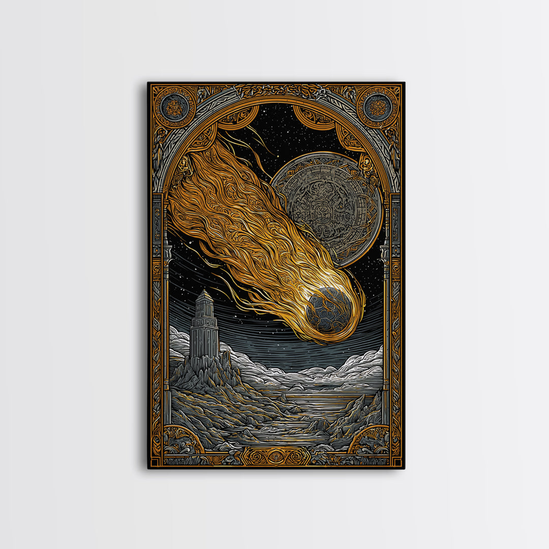 Falling Star Canvas Gold Art, Nordic Canvas Art of Ragnarok Myth, Viking Astronomy Wall Decor framed in natural wood for men