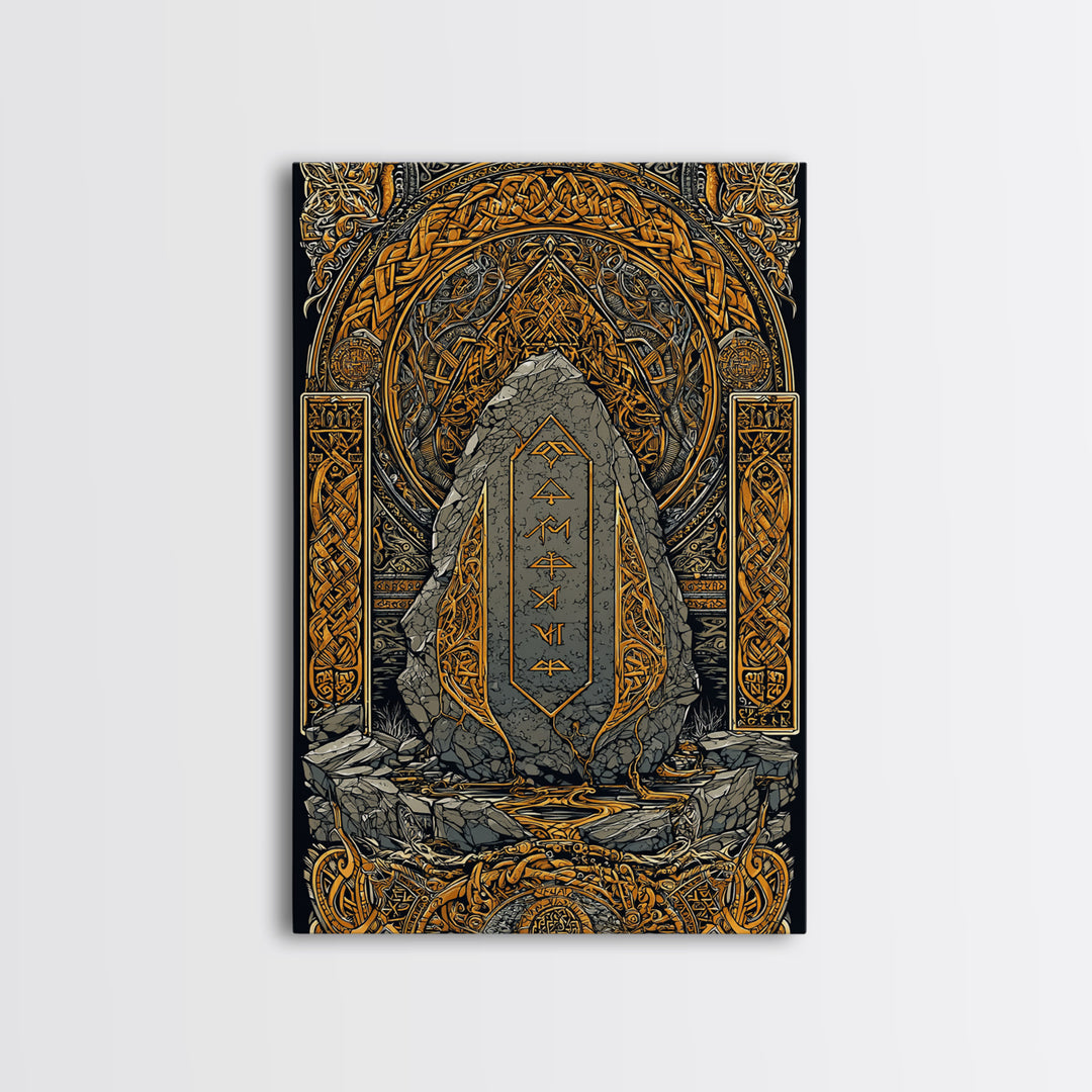 Obelisk Canvas Gold Art, Viking Canvas Art Wall Decor with Norse Runes, Nordic Myth Inspired Office Decor in real wood frame