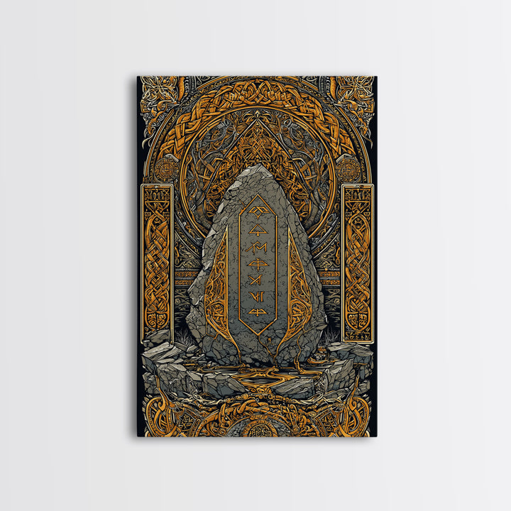 Obelisk Canvas Gold Art, Viking Canvas Art Wall Decor with Norse Runes, Nordic Myth Inspired Office Decor in real wood frame