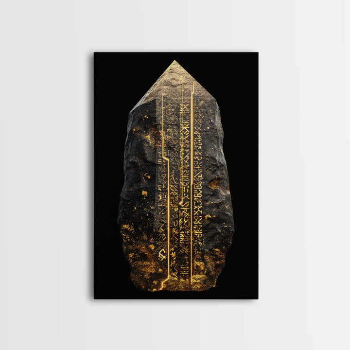Runestone Canvas Gold Art, Nordic Canvas Art with Ancient Viking Runes, Norse Mythology Wall Decor framed in natural wood
