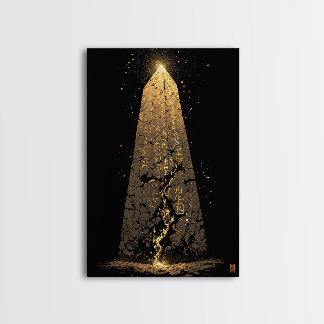 Glowing Obelisk Canvas Gold Art, Viking Canvas Art Wall Decor with Norse Runes, Nordic Myth Inspired Office Decor in real wood frame