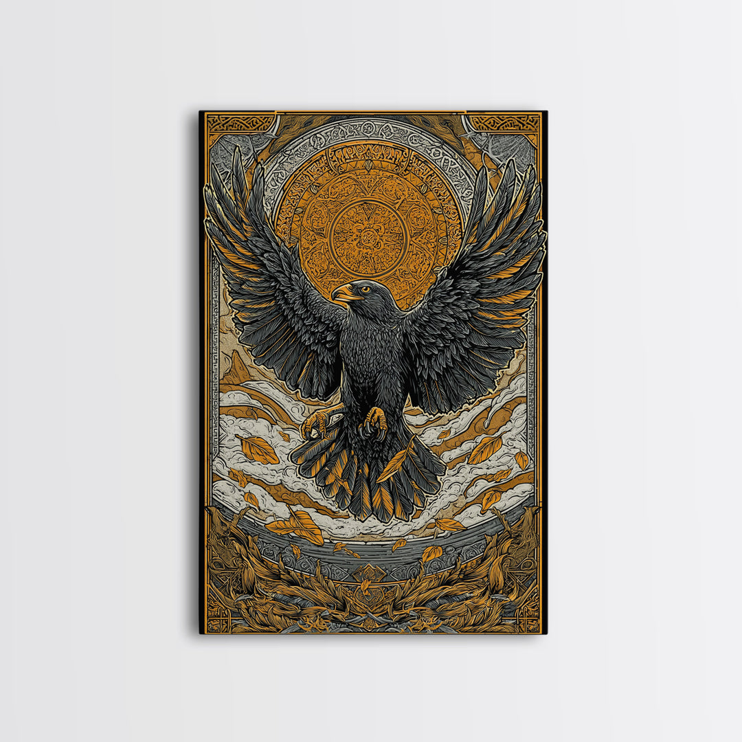 Nordic Eagle Guardian Canvas Gold Art Canvas Art | Viking Wall Decor Norse Mythology Art for Men | Mounted in Real Wood Frame
