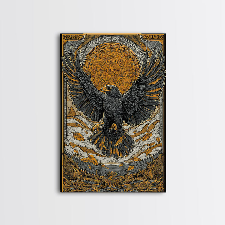 Nordic Eagle Guardian Canvas Gold Art Canvas Art | Viking Wall Decor Norse Mythology Art for Men | Mounted in Real Wood Frame