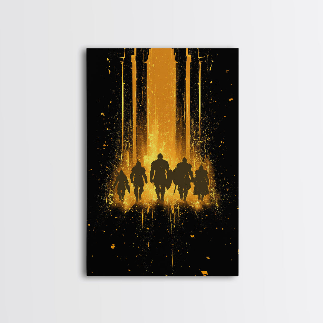 Norse Warriors Canvas Gold Art, Viking Canvas Art Wall Decor with Epic Battle Silhouettes, Man Cave Gift framed in real wood