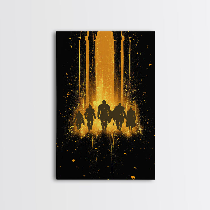 Norse Warriors Canvas Gold Art, Viking Canvas Art Wall Decor with Epic Battle Silhouettes, Man Cave Gift framed in real wood