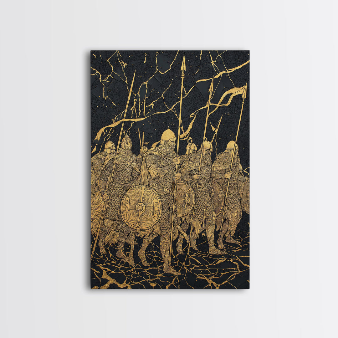 Viking Army March Canvas Gold Art Canvas Art | Norse Warrior Battle Scene Wall Decor for Man Cave or Office | Framed in Real Wood