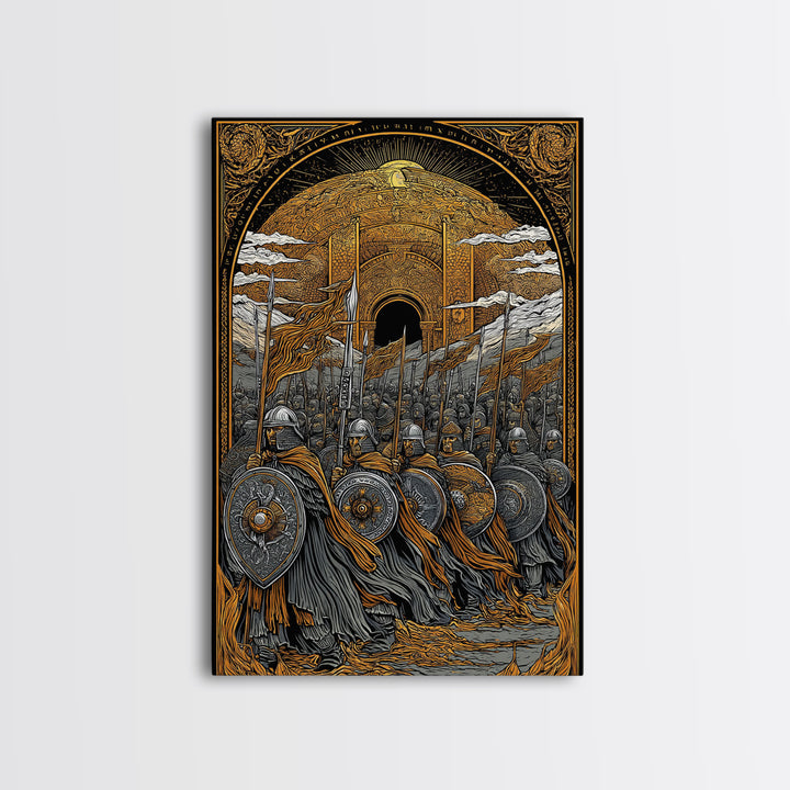 Asgardian Army Canvas Gold Art Canvas Art | Norse Mythology Wall Decor with Viking Soldiers | Office or Dad Gift in Wood Frame