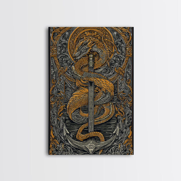Jormungandr Serpent Canvas Gold Art Canvas Art | Norse Sea Dragon Mythology Wall Decor Pagan Symbol | Office Art with Real Wood