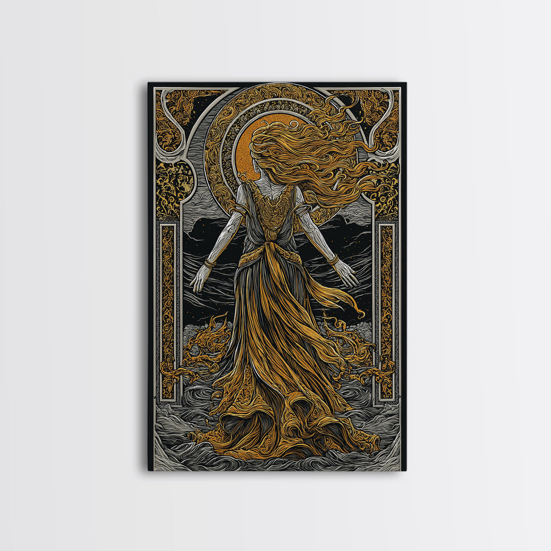 Goddess Freyja Canvas Gold Art Canvas Art | Norse Mythology Divine Feminine Wall Decor | Man Cave or Office Art in Wood Frame