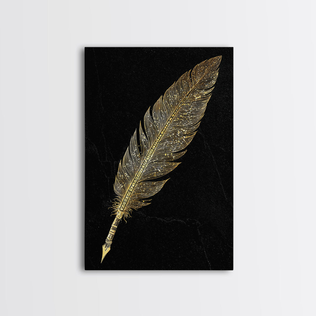 Runic Feather Quill Canvas Gold Art Canvas Art | Viking Mythology Writing Symbol Wall Decor | Office or Study Gift with Wood Frame