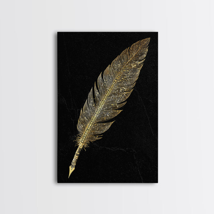 Runic Feather Quill Canvas Gold Art Canvas Art | Viking Mythology Writing Symbol Wall Decor | Office or Study Gift with Wood Frame
