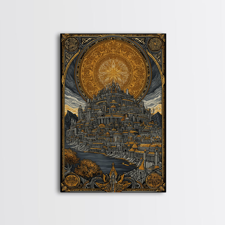 Asgard City Canvas Gold Art Canvas Art | Norse Mythology Viking Wall Decor Office Art | Nordic Fortress Scene in Real Wood Frame