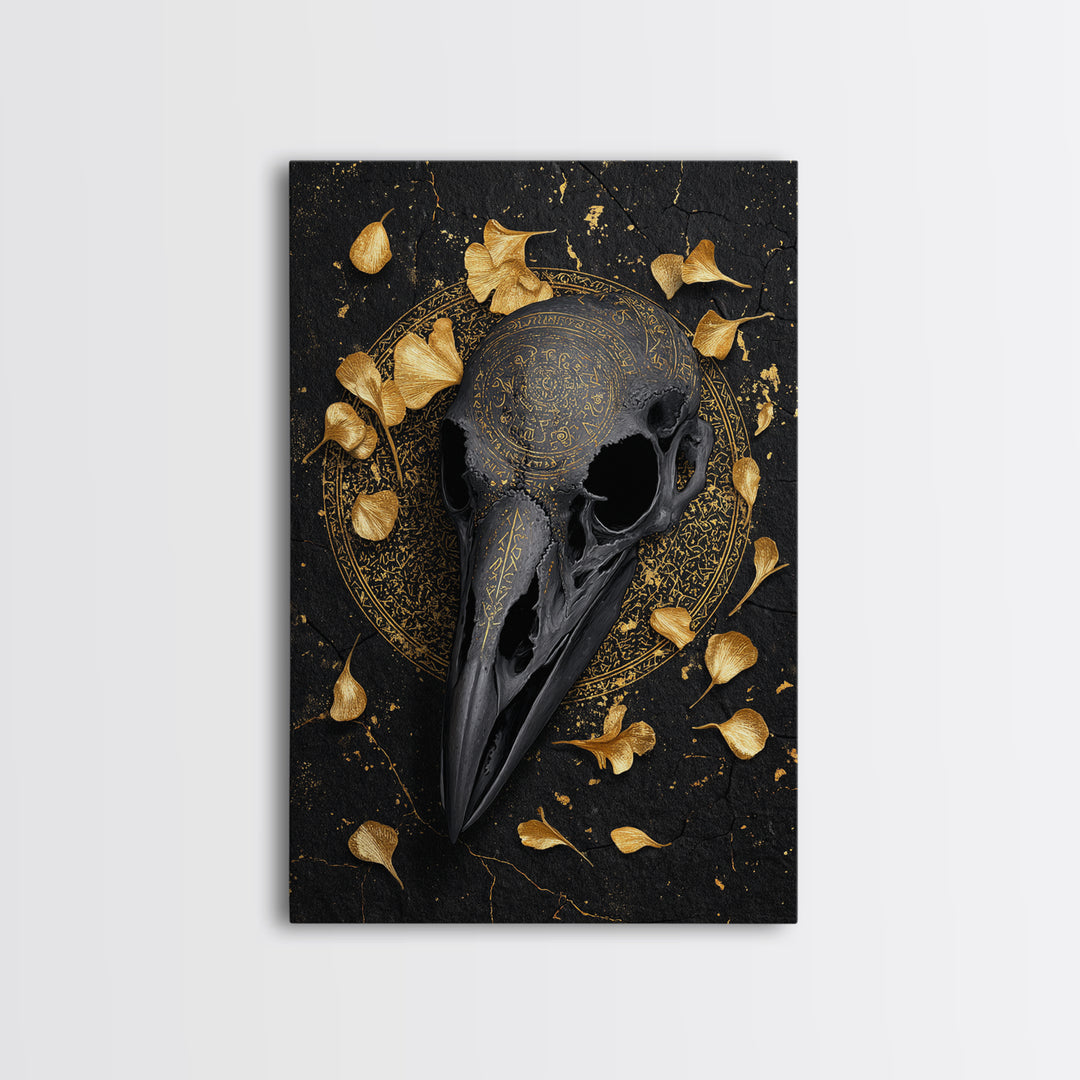Raven Skull Canvas Gold Art Canvas Art | Odin’s Symbol Norse Mythology Wall Decor | Man Cave or Office Art with Natural Wood Frame