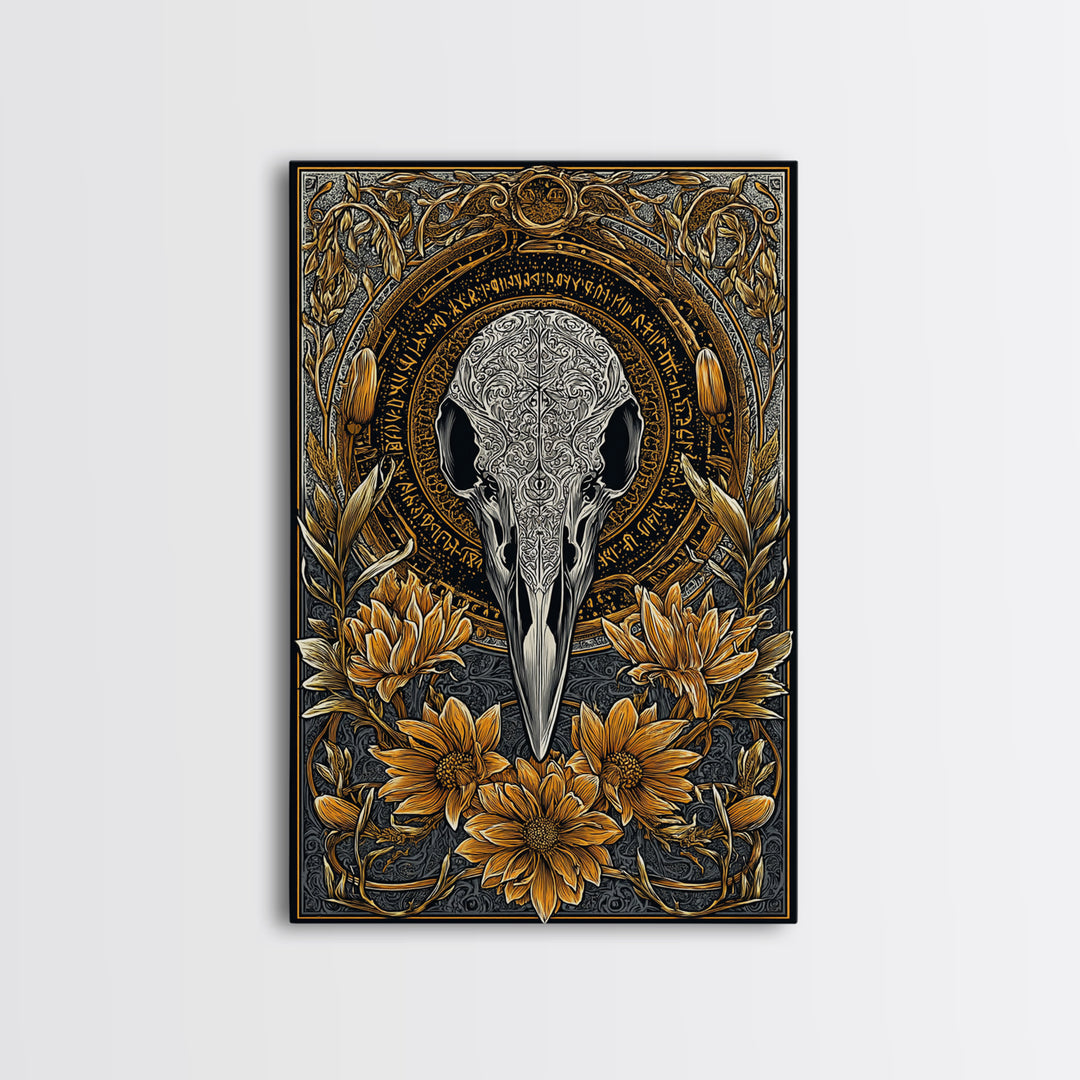 Floral Raven Skull Canvas Gold Art Canvas Art | Norse Mythology Pagan Decor for Office or Man Cave | Viking Symbol in Wood Frame