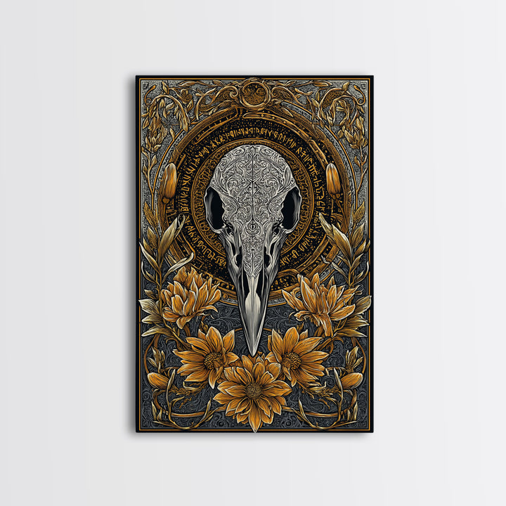 Floral Raven Skull Canvas Gold Art Canvas Art | Norse Mythology Pagan Decor for Office or Man Cave | Viking Symbol in Wood Frame