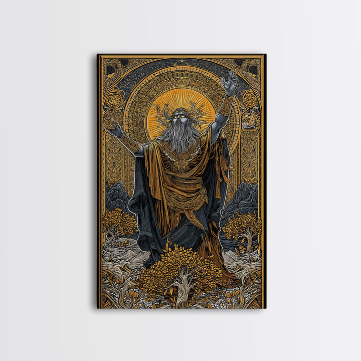 Norse God Canvas Gold Art Canvas Art – Odin Inspired Mythology Wall Decor for Office, Man Cave, or Dad Gift, real wood frame