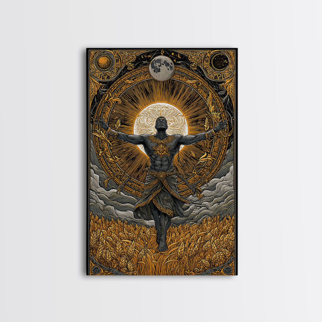 Baldr Nordic Deity Canvas Gold Art Canvas Art – Norse Mythology Sun God Wall Decor for Man Cave, Office, Dad Gift, framed wood