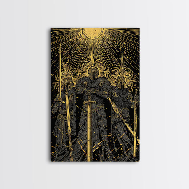 Einherjar Warriors Canvas Gold Art Canvas Art – Norse Afterlife Battle Viking Wall Decor for Dad Gift, Man Cave or Office, wood framed