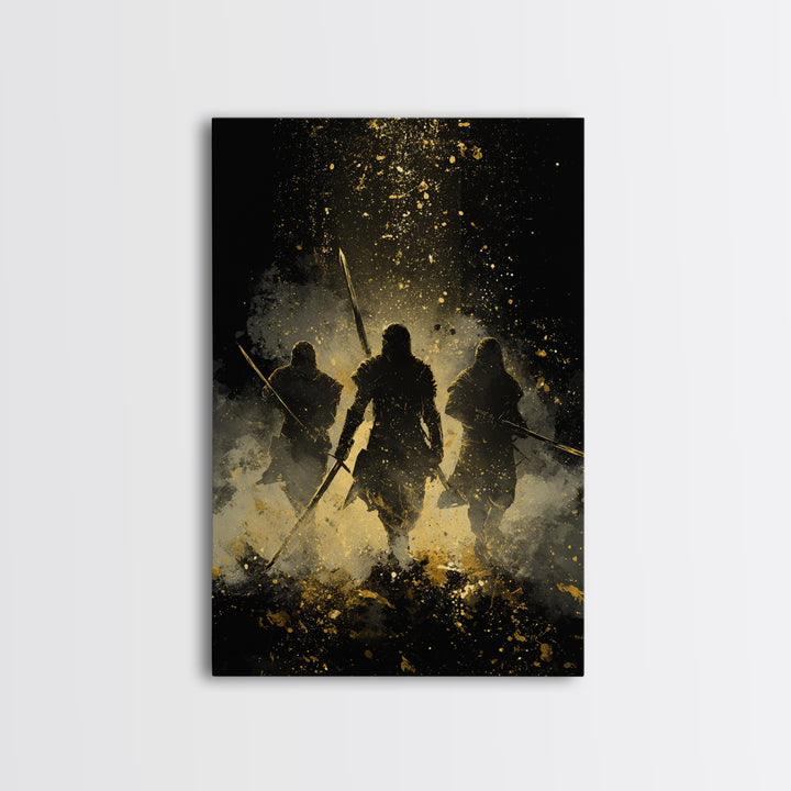 Viking Einherjar Canvas Gold Art Canvas Art – Nordic Mythology Warrior Spirits Wall Decor for Office or Man Cave, real wood frame