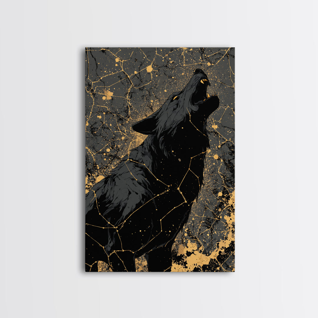 Viking Fenrir Wolf Canvas Gold Art Canvas Art Norse Mythology Wall Decor, framed in real wood, Man Cave Office Art, Nordic Dad Gift