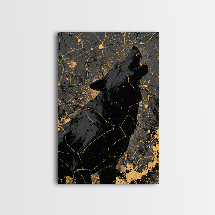 Viking Fenrir Wolf Canvas Gold Art Canvas Art Norse Mythology Wall Decor, framed in real wood, Man Cave Office Art, Nordic Dad Gift