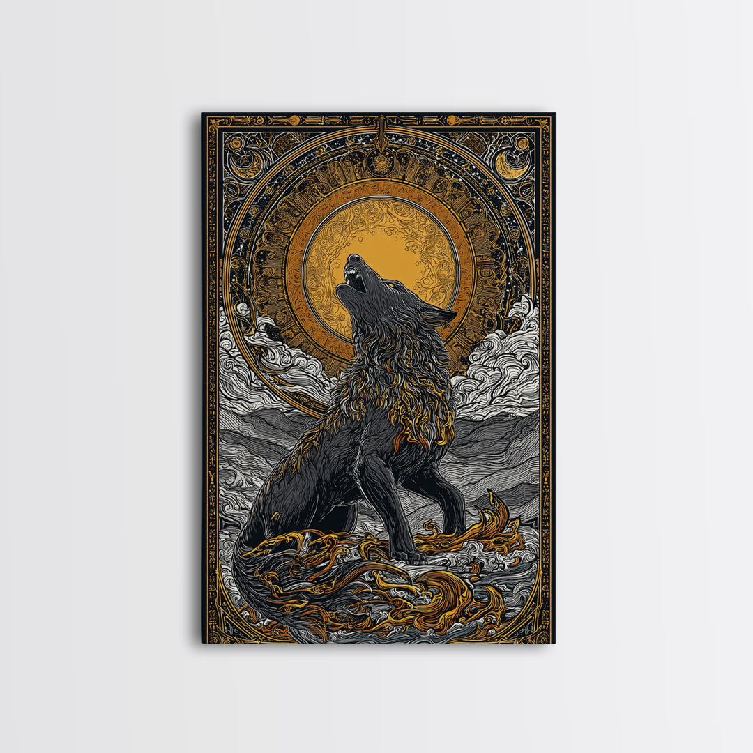 Fenrir Norse Wolf Myth Canvas Gold Art Canvas Art, Nordic Wall Decor with natural wood frame, Viking Man Cave Wall Hanging Office