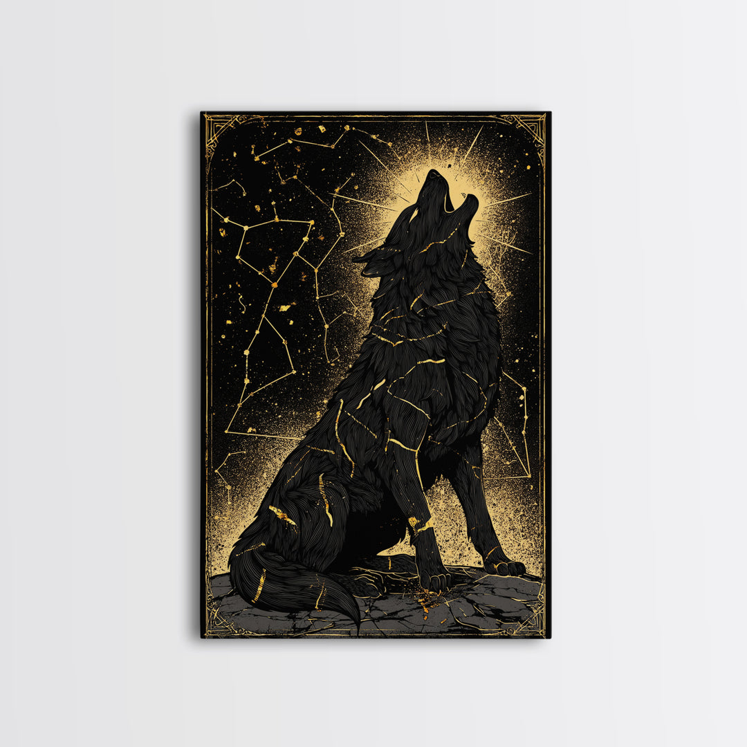 Fenrir Wolf Canvas Gold Art Canvas Art – Norse Mythology Wall Decor of Giant Wolf, Viking Office or Man Cave Gift, framed in wood