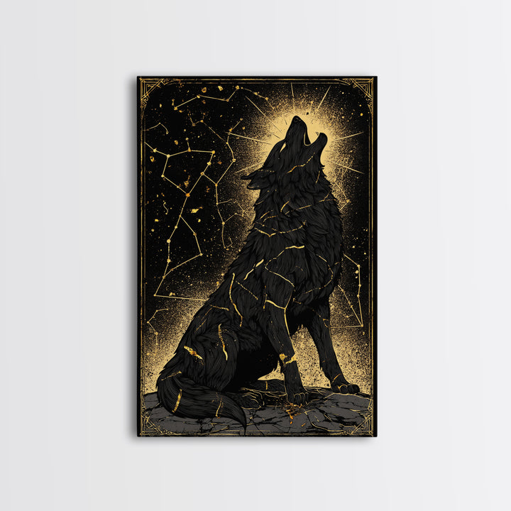 Fenrir Wolf Canvas Gold Art Canvas Art – Norse Mythology Wall Decor of Giant Wolf, Viking Office or Man Cave Gift, framed in wood