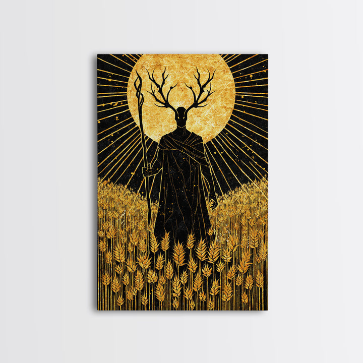 Nordic Frey God of Fertility Canvas Gold Art Canvas Art, Viking Mythology Wall Decor, natural wood framed art, Office and Dad Gift