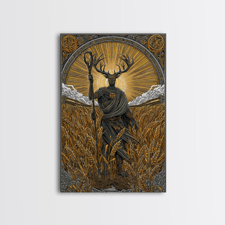 Norse God Frey Canvas Gold Art Canvas Art, Nordic Mythology Wall Decor, framed in real wood, Viking Office Wall Art, Unique Dad Gift