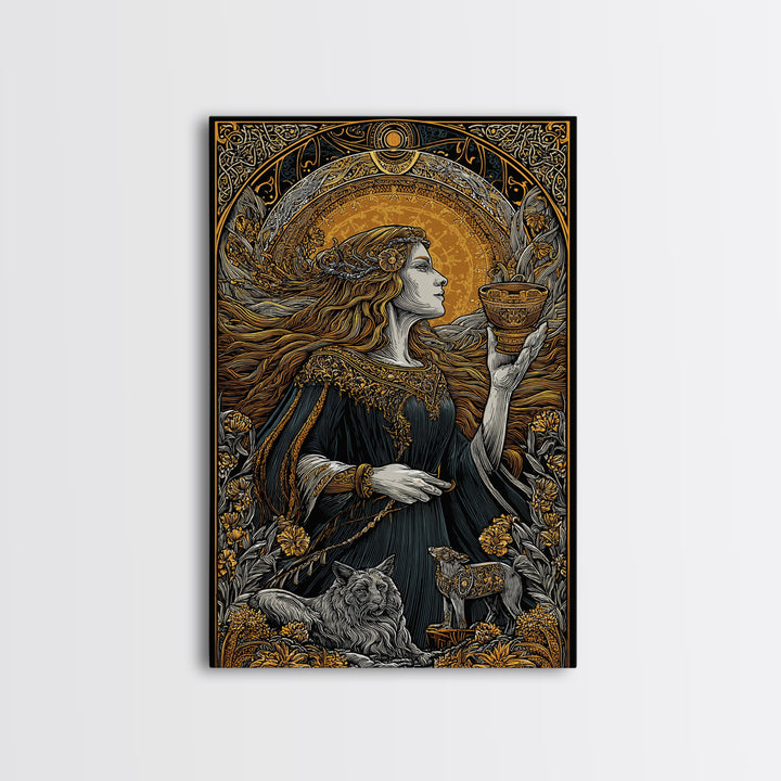 Norse Goddess Freyja Canvas Gold Art Canvas Art, Viking Wall Decor framed in natural wood, Nordic Office Art and Unique Gift for Him