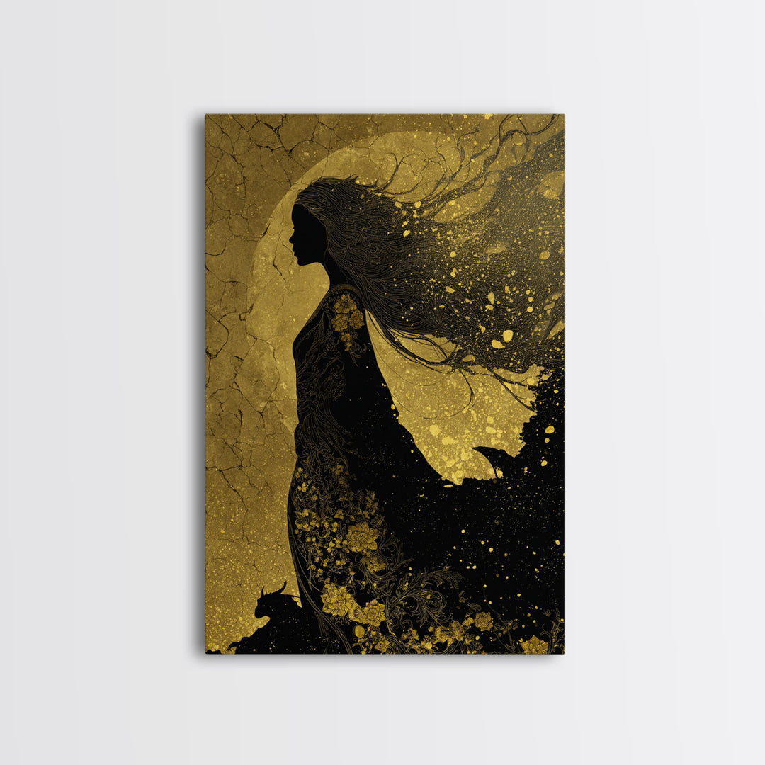 Freyja Norse Goddess Canvas Gold Art Canvas Art, Viking Mythology Wall Decor, framed in real wood, Elegant Office and Man Cave Gift